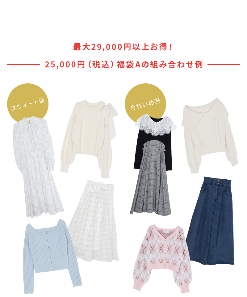 最大29,000円以上お得！25,000円（税込）福袋Aの組み合わせ例