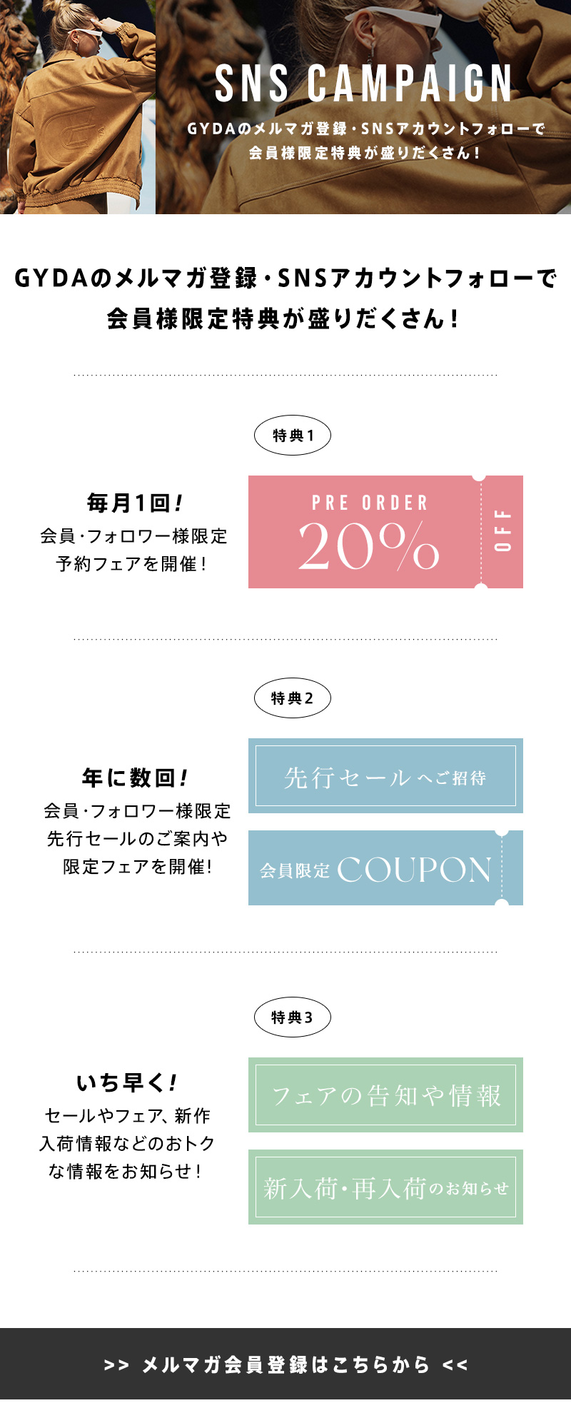 メルマガ登録で会員様限定特典が盛りだくさん！